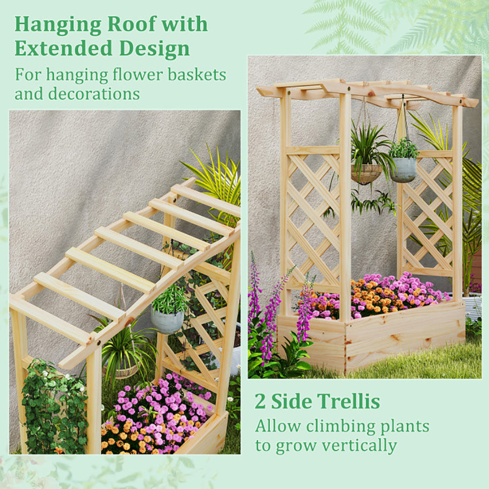 Wooden Raised Garden Bed Planter Box With Trellis And Hanging Roof