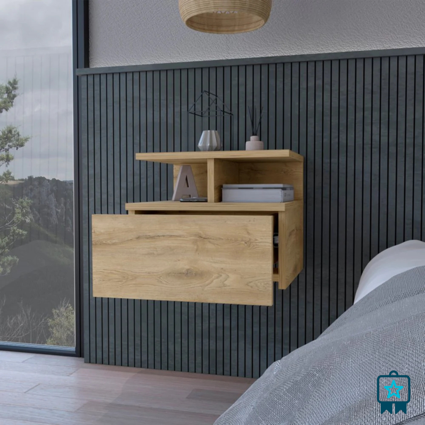 Beige Wood Nightstand – 12" Modern One-Drawer Table