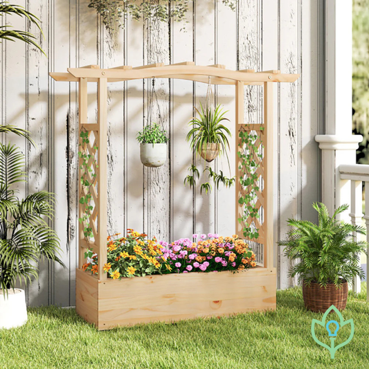 Wooden Garden Planter with Trellis Support and Overhanging Roof