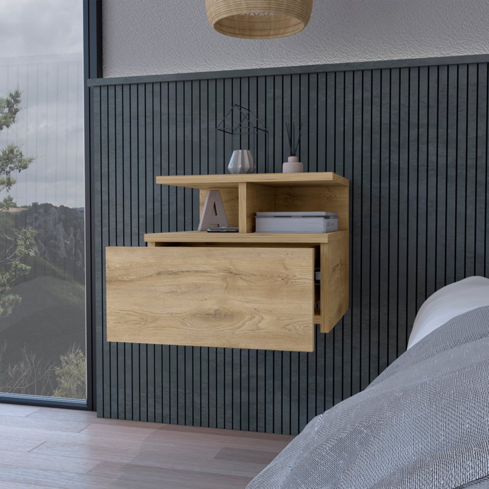 Beige Wood Nightstand – 12" Modern One-Drawer Table