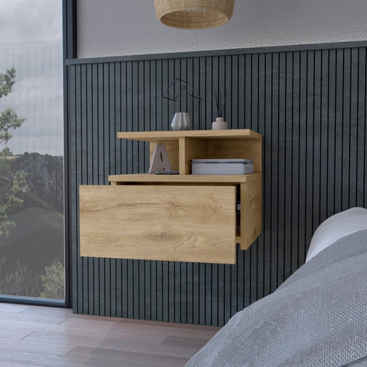 Beige Wood Nightstand – 12" Modern One-Drawer Table