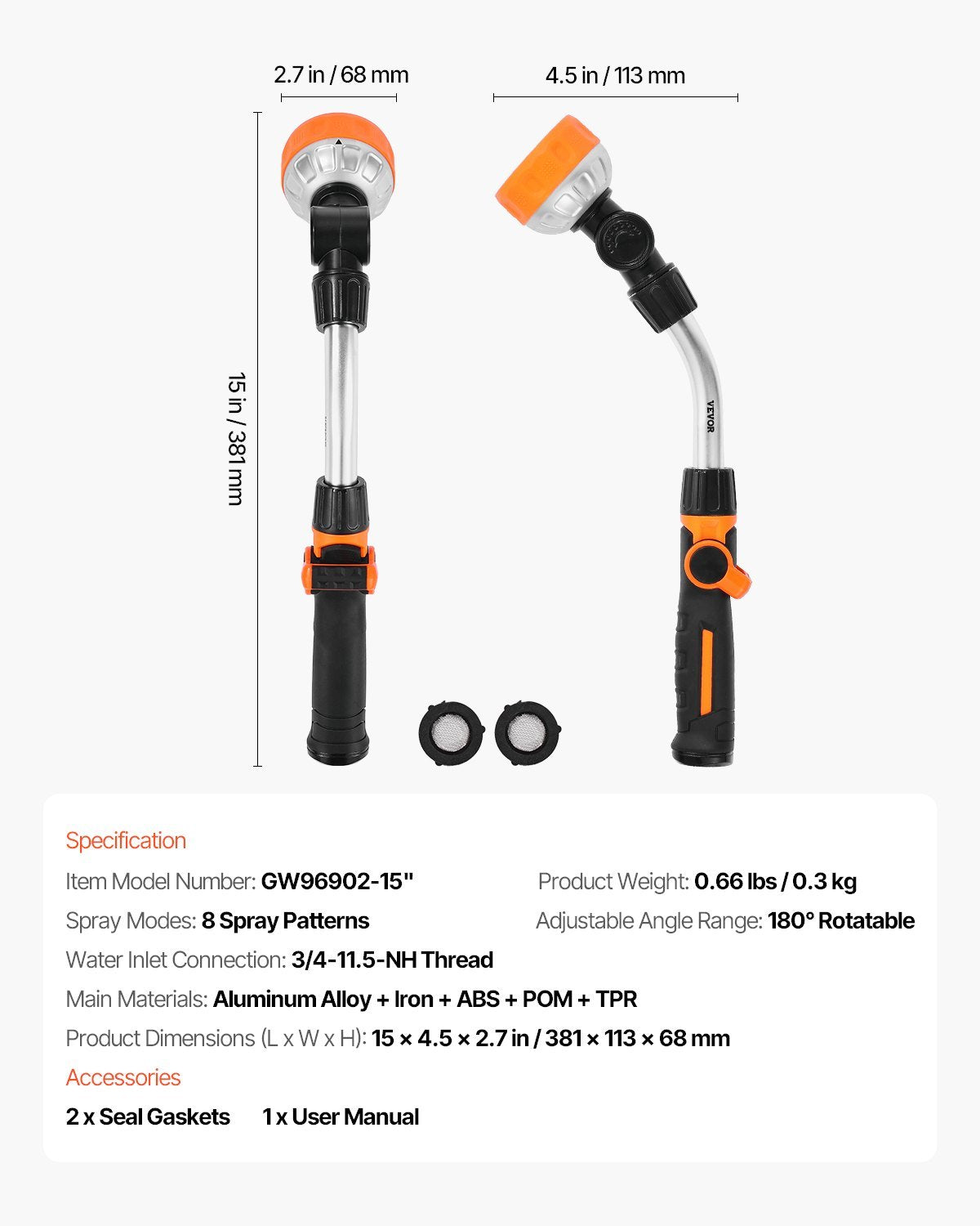 Heavy Duty Garden Hose Wand 15-Inch Long With 8 Spray Patterns & Swivel Head